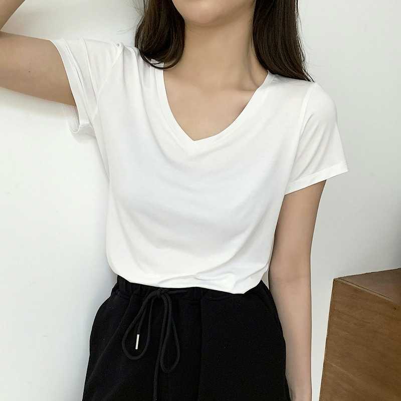 

Slim Fit Short Sleeve T-shirt Women's Solid Base Shirt Summer V-neck Top Tee 210607, Light coffee