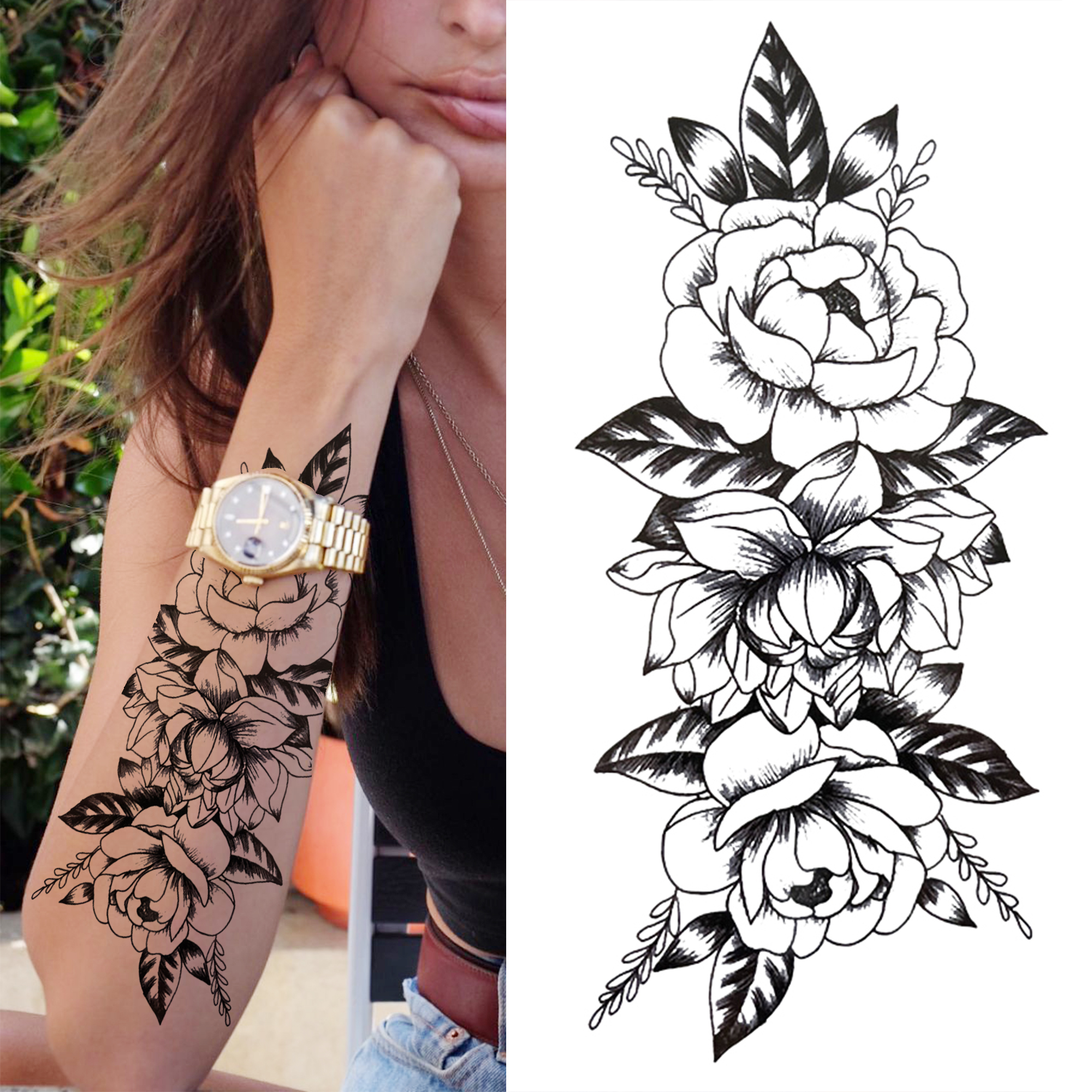 

Waterproof Temporary Tattoos Sticker tattoo Stickers For Women Girls arm Beauty Sweatpea Dahlia Peony Rose Flower Black Flora Leaves Fake sleeve Tatoos Paste