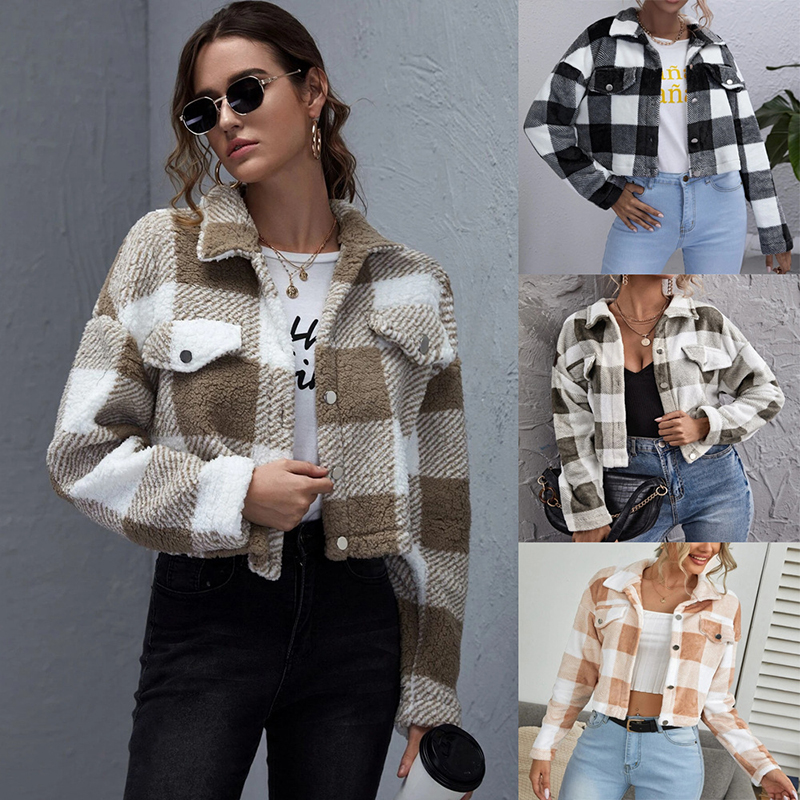 

Autumn And Winter Women's Short Jacket Long Sleeved Loose Single Breasted Plaid Shirt Fashionable British Style Coat, Customize