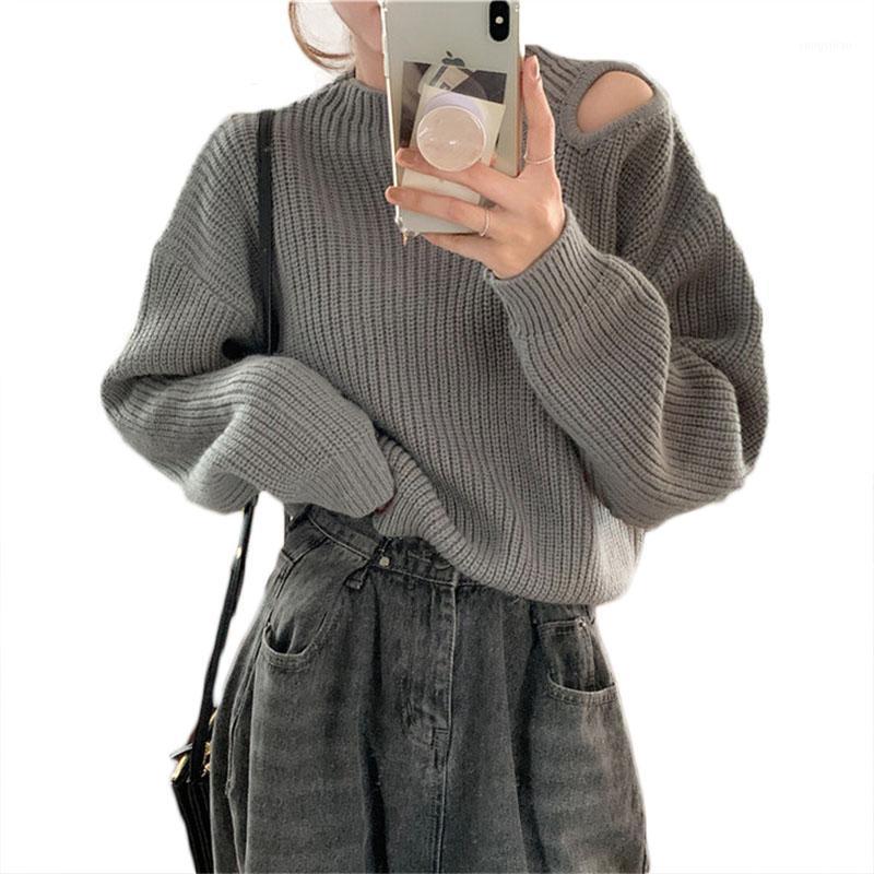 

Women's Sweaters Off-The-Shoulder Knitted Bottoming Shirt For Fall/Winter 2021 Style Carefully Designed Hollow Short Sweater Women H596, Black