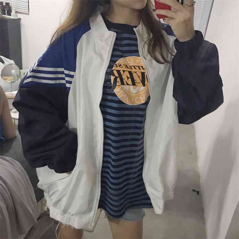 

Autumn women's casual spring fashion jacket punk college Harajuku zipper loose large size thin baseball long sleeve 210607, Navy blue