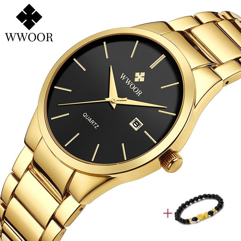 

Wristwatches Relojes Hombre 2021 WWOOR Gold Watch Men Luxury Mens Quartz Wristwatch Business Stainless Steel Waterproof Auto Date Clock, Full black