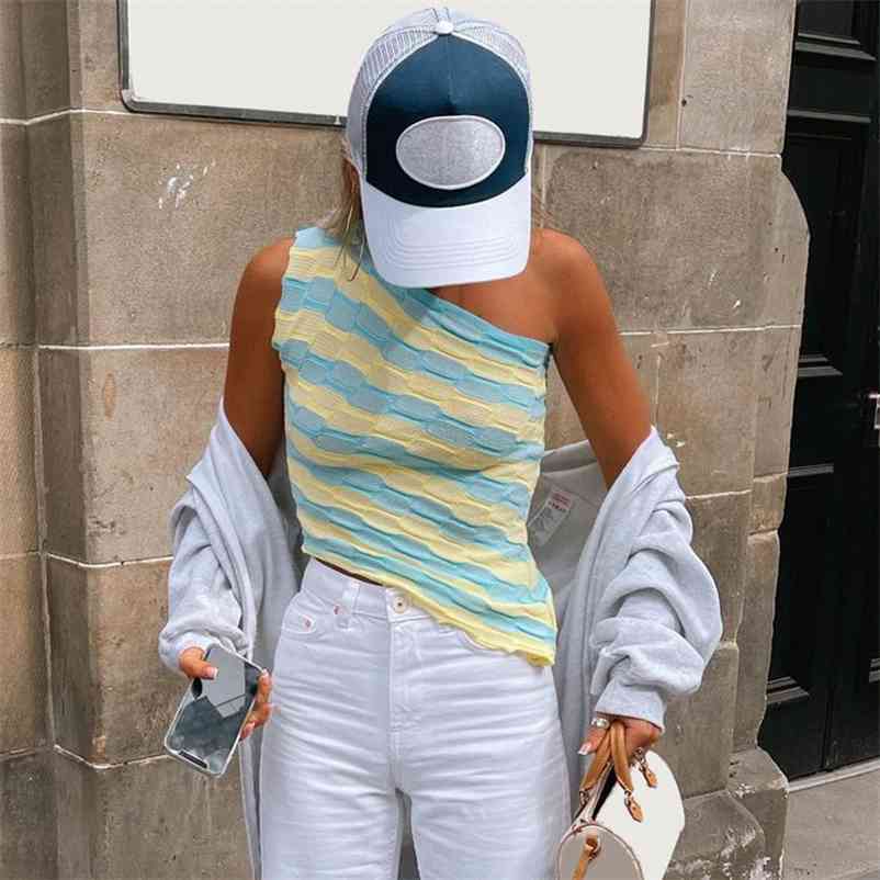 

Off Shoulder Striped Patched Knitted Y2K Crop Top Tanks Sleeveless Summer Chic Party Tee Women Shirt Beachwear Holiday 210518, Green tank top