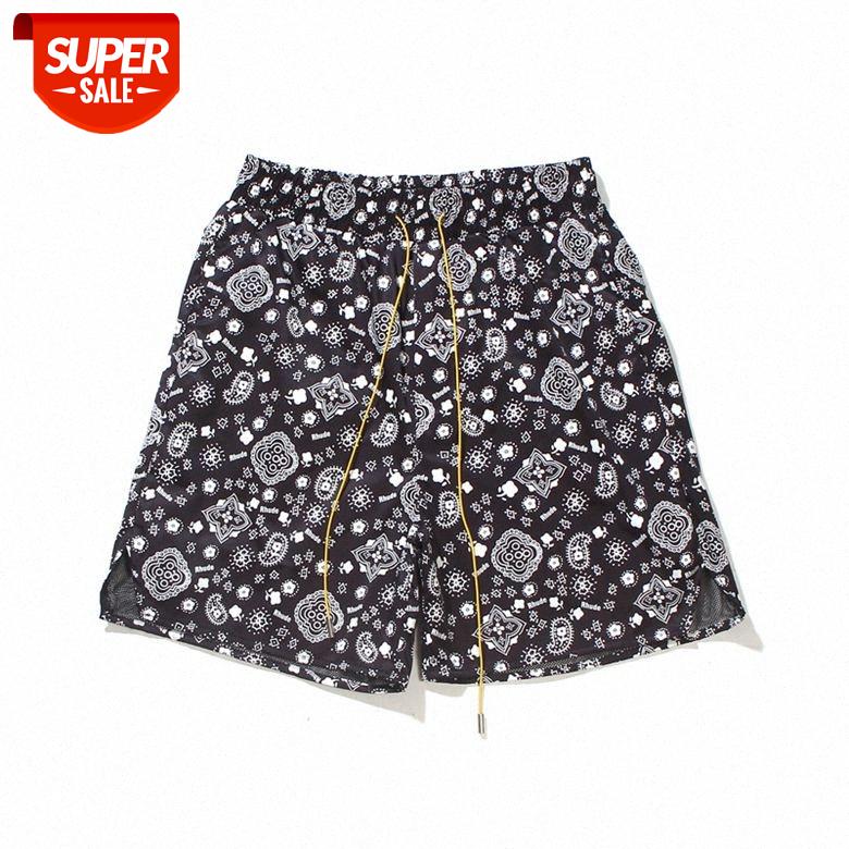 

RHUDE cashew flower full printed drawstring casual shorts beach five-point pants men' sports #dR9m, Black