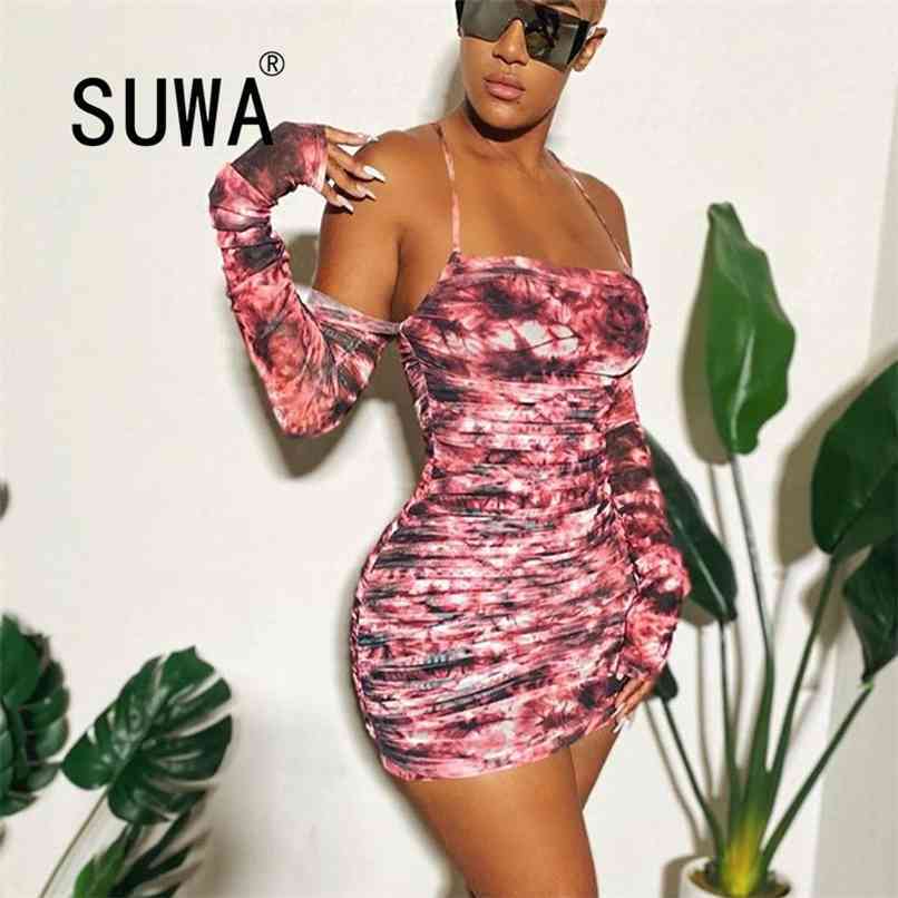 

Tie Dye Bandage Bodycon Mini Dresses For Women Off Shoulder Long Sleeve Sexy Club Party Elegant Free Ladies Dress 210525, Multi