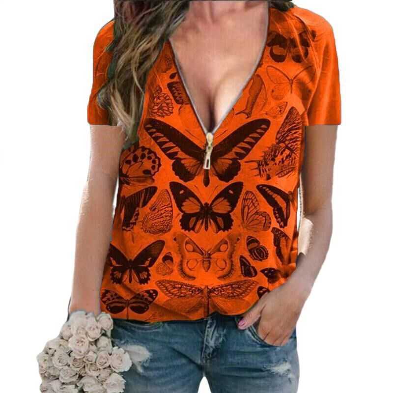 

Women' T-shirt Summer Fashion V-neck Casual Short Sleeve Oversize Pullover Tops Ladies Zipper Tshirt -5XL 210526, Red