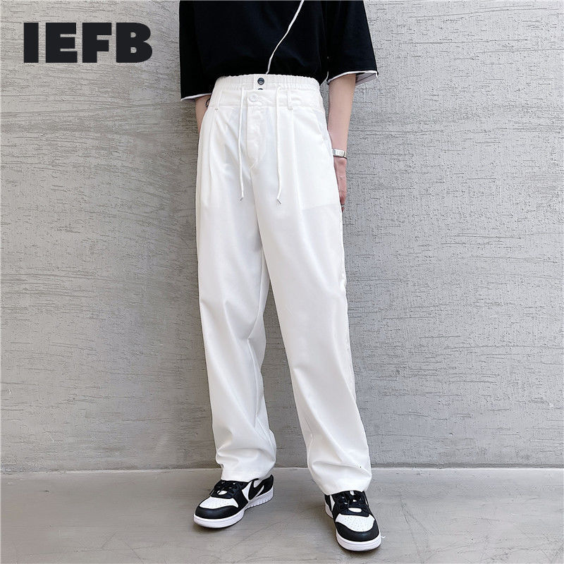 

IEFB Men's Straight Casual Pants Niche Design Double Waist Patchwork Simple Loose Black White Trousers Drawstring Bottoms 9Y7082 210524