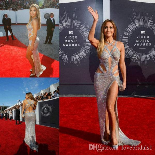 

Luxurious Sexy Evening Dresses with Criss Cross Straps Prom Dress Jennifer Lopez Affordable Split Sequin Backless silver Celebrity Red Carpet Gowns, Gold