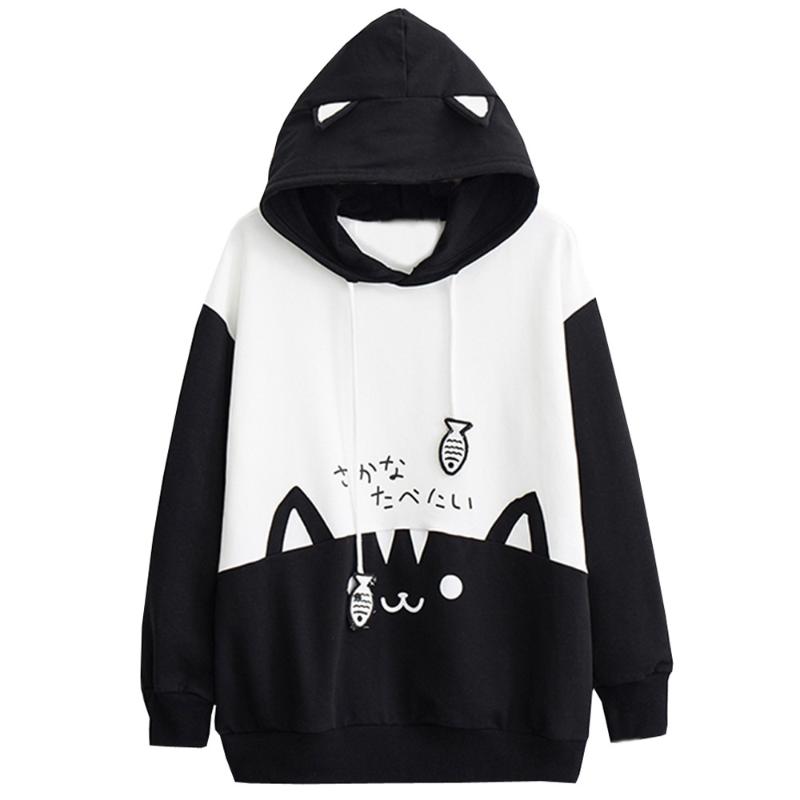 

Women's Hoodies & Sweatshirts Autumn Neko Cat Kawaii Men Hoodie Pullover Lolita Junior Cute Ear Hoody Student Girls Spring School Clothes An, Black