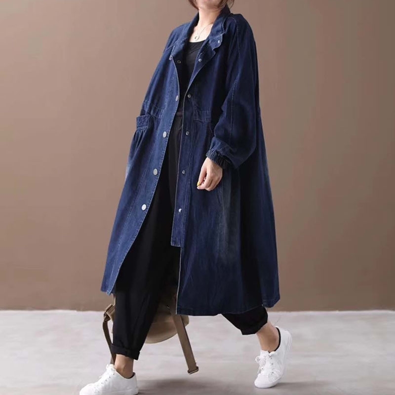 

Autumn Loose Plus Size All Match Slim Casual Long Denim Windbreaker Jacket Women's Single Breasted Trench Coat 210615, Blue
