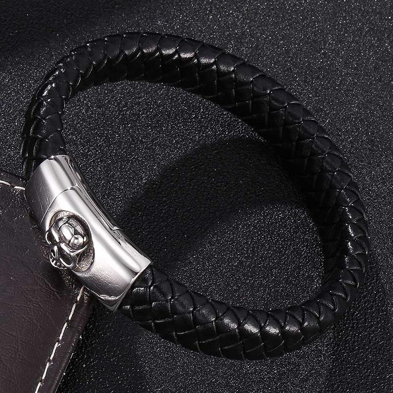

Charm Bracelets Punk For Men Black Leather Braided Bracelet Bangles Skull Magnetic Buckle Male Wrist Band Fashion Jewelry Gifts ST0317