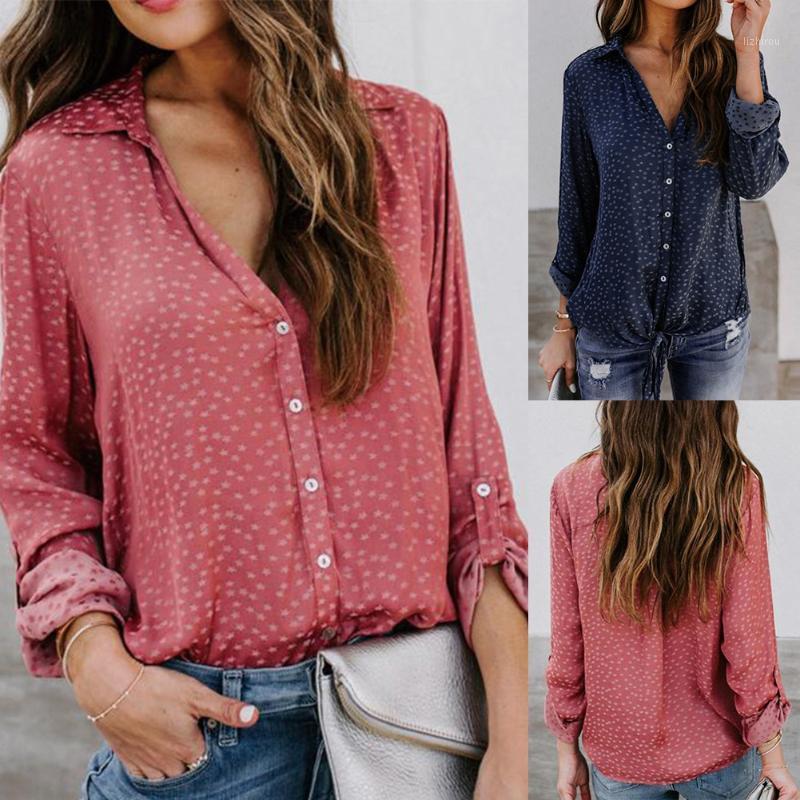 

Fashion Star Print V-Neck Chiffon Shirt Long-Sleeved Wild T-Shirt, Blue