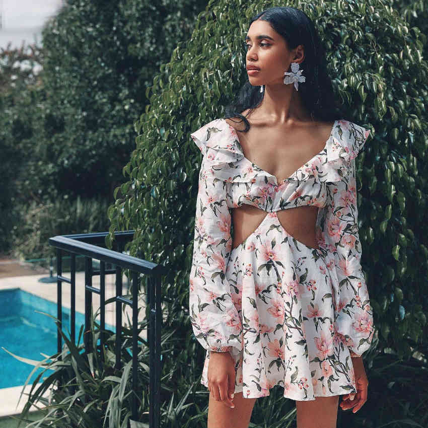 Casual Dresses 2021 Magnolia Print Worn on Or Off-the-shoulder Holiday Women Back Hole Ruffled Vocation 8RPF-image-701081425