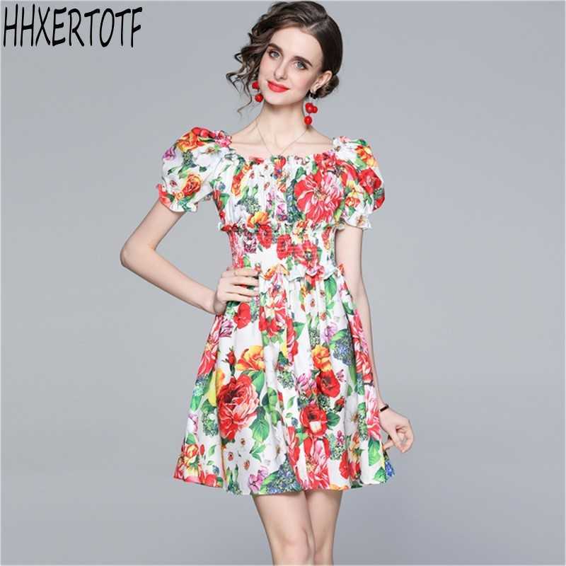 

summer Runway Designer Elegant Dres short Sleeve Retro printed Loose Mini 210531, As picture