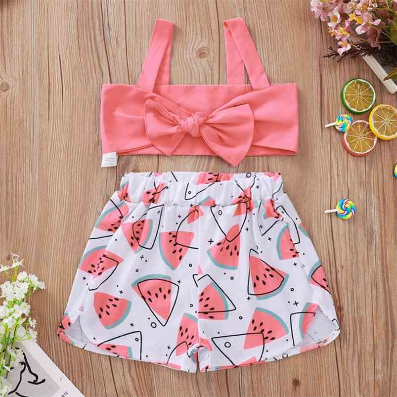 

Summer Children Sets Casual Strap Pink Solid Bow Tops Print Watermelon Shorts 2Pcs Girls Clothes 6M-5T 210629