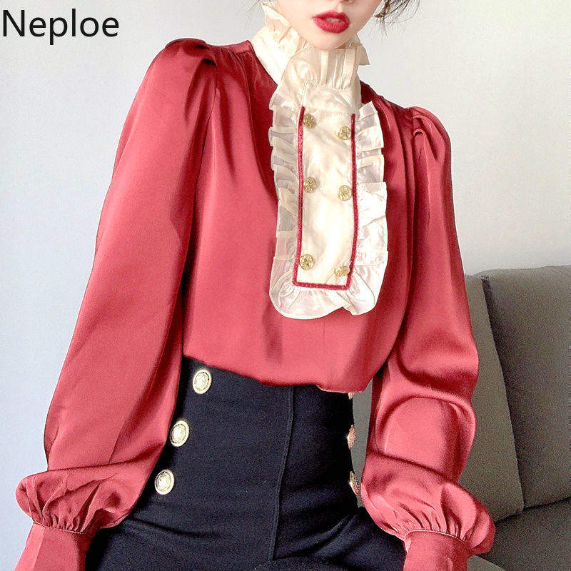 Neploe Blusas Mujer De Moda Stand Neck Puff Sleeve Blouses Women Ruffles Double-breasted Vintage Temperament Shirt Tops 210422