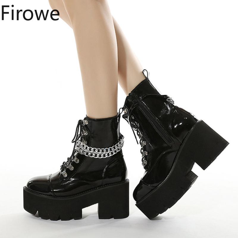 

Dress Shoes Firowe Women's Chain Platform Woman Thick Bottom High Heel Booties Stiletto Heels Zapatos De Mujer 8CM, Black