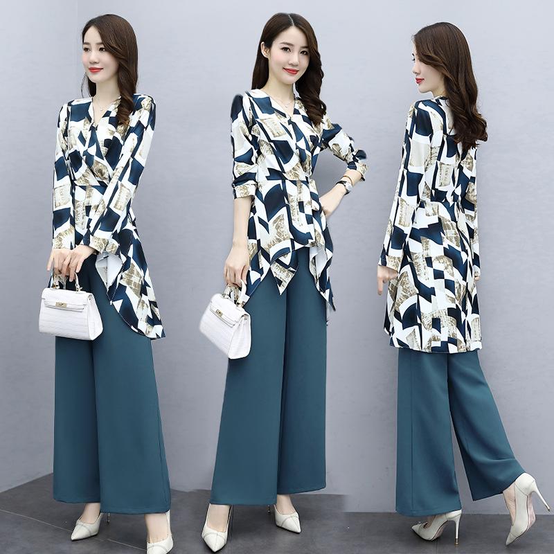 

Women's Two Piece Pants Women Pieces Suits 2021 Spring Autumn Long Sleeve Floral Blouse Tops And Wide Leg Trousers Lady 2 Sets, White