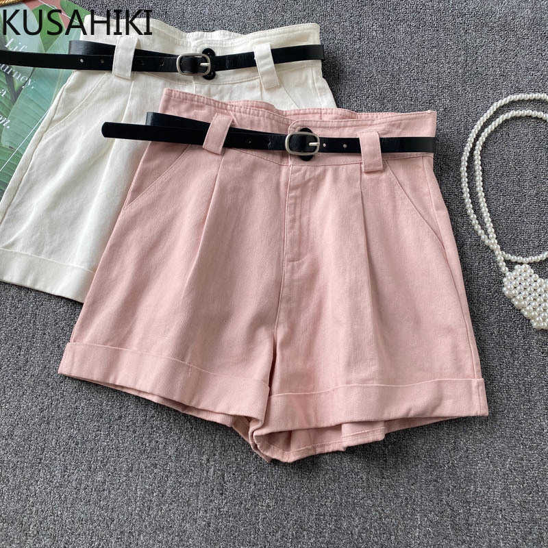 

KUSAHIKI Woman Shorts Summer Belt High Waisted Bottoms Causal Solid Wide Leg Short Feminimos Pantalones De Mujer 6H532 210602, Black
