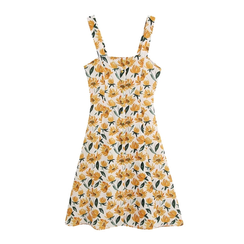 

Women Chic Fashion Floral Print Buttons Mini Dress Vintage Sexy Backless Spaghetti Strap Dresses Casual Vestidos Mujer 210520, As picture