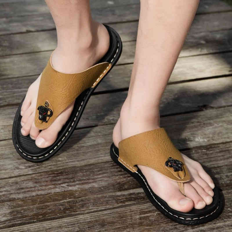 

slippers summer men's casual fashion shoes printed flip leather plutonium classic bare toe open comfortable selling warm ks093 sandals, Black