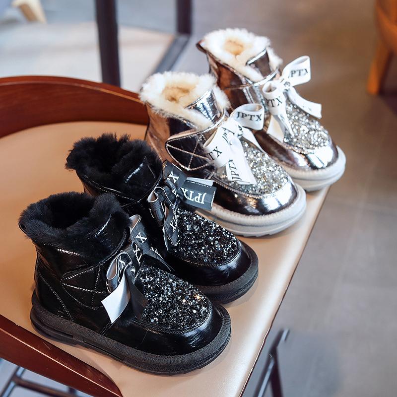 

Boots Girls Snow 2021 Winter Thick Children' Cotton Little Sequined Bow Shoes, Black;grey