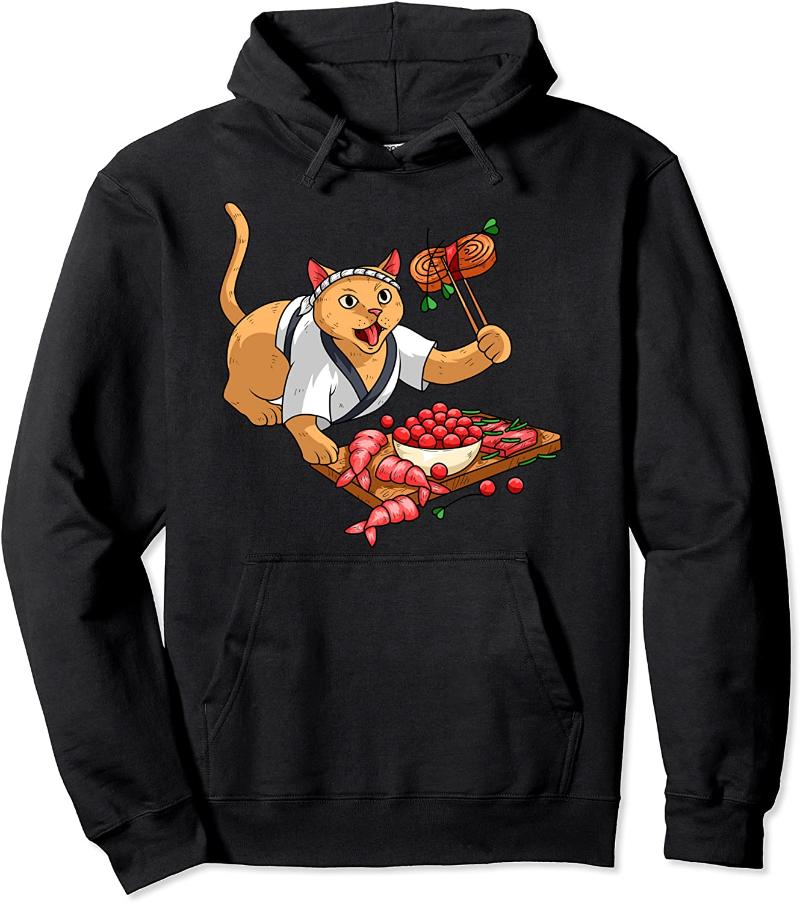 

Men's Hoodies & Sweatshirts Funny Cat Sushi Pullover Hoodie, Black