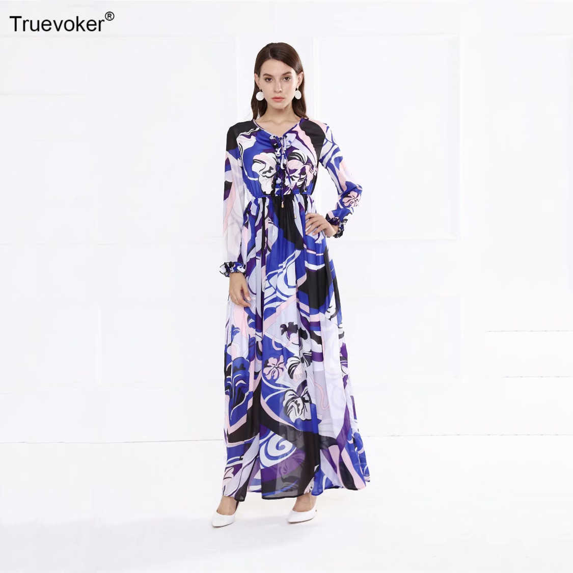 

Truevoker Designer Runway Maxi Long Dresse's Vintage Multicolor Geometry Printed Holiday Robe Femme Ete Vestidos 210602, Blue