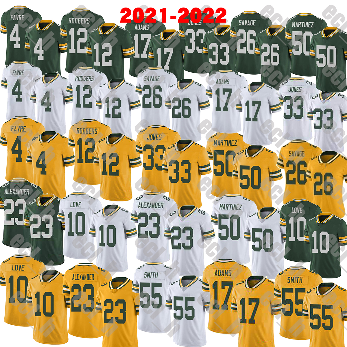

2021 Football jerseys 4 Brett Favre 10 love 12 Rodgers 17 Davante Adams 23 Jaire Alexander 26 Darnell Savage Jr 33 Aaron Jones 50 Blake Martinez 55 Za'Darius Smith, As
