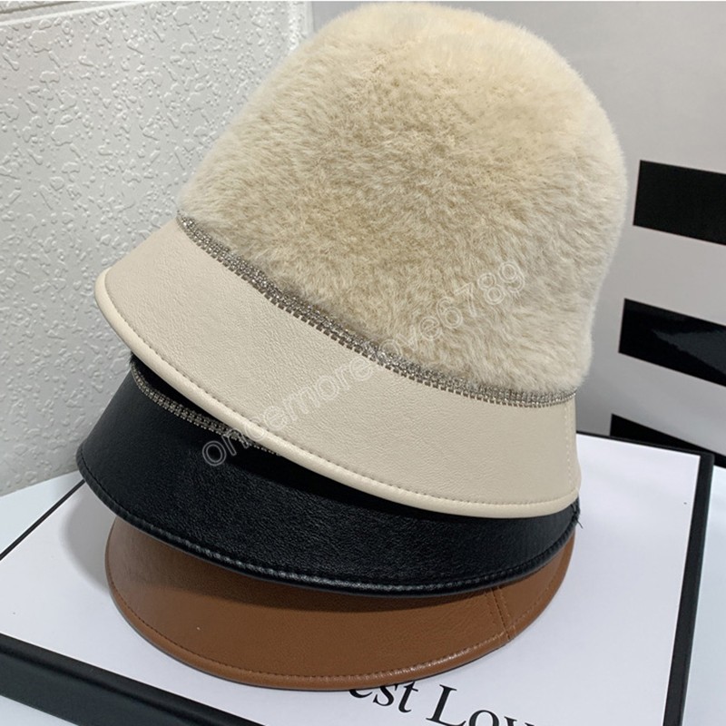 

winter warm Imitation mink velvet fur rhinestone chain patchwork pu lady bucket cap women leisure hat