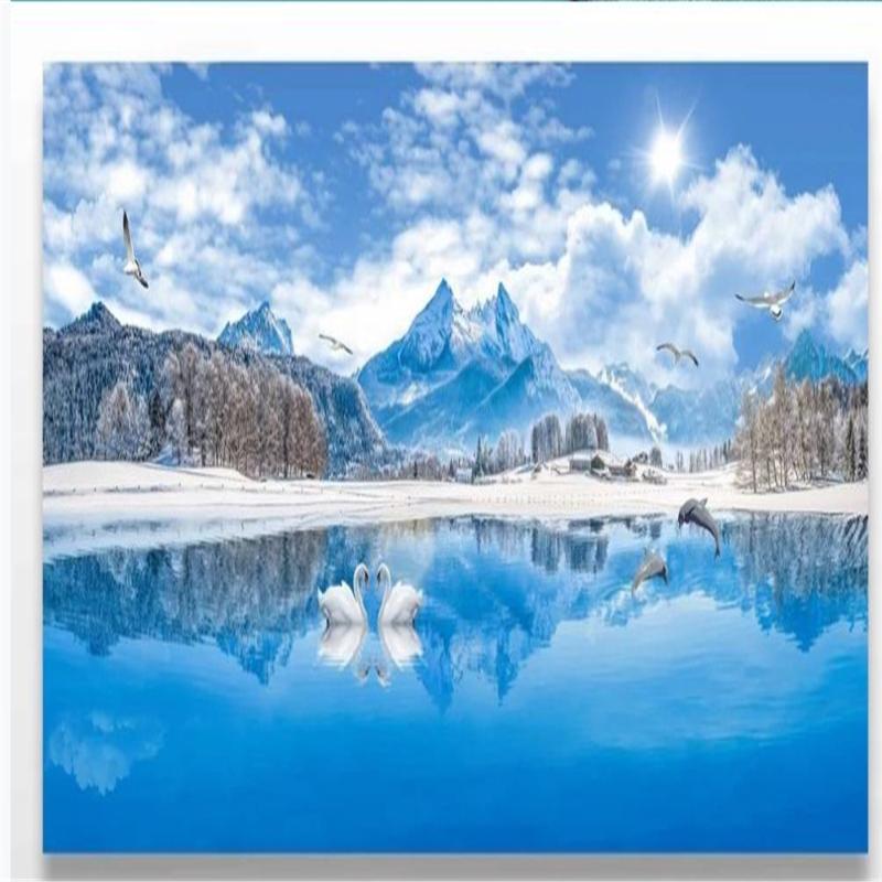 

Wallpapers Modern Wallpaper For Living Room Lake View Swan Beautiful Landscape Painting Snow Mountain Backgroun, As pic