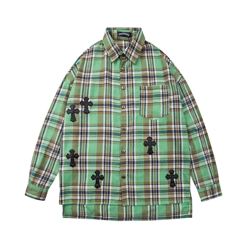

Men's and Women's Shirt Cotton Print Heart Cross Pocket Button Badge Long-sleeved Shirts Palm Chrome, White;black