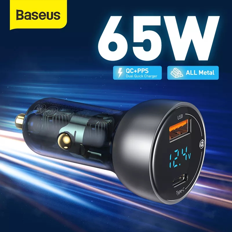 

Baseus 65W PPS Car Charger USB Type C Dual Port PD QC Fast Charging For Laptop Translucent Car Phone Charger For iPhone Samsung