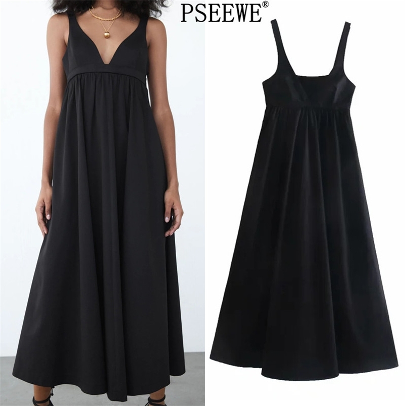 

Black Slip Long Dresses Women Fashion Pleated V Neck Backless Spaghetti Strap Midi Woman Voluminous Summer 210519