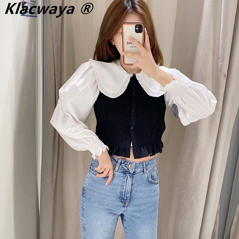 

Women Elegant Patchwork Shirt Tops Casual Blouse Ladies Chic Navy Collar Single Breasted Laminated Decoration Sleeve 210521, Black white
