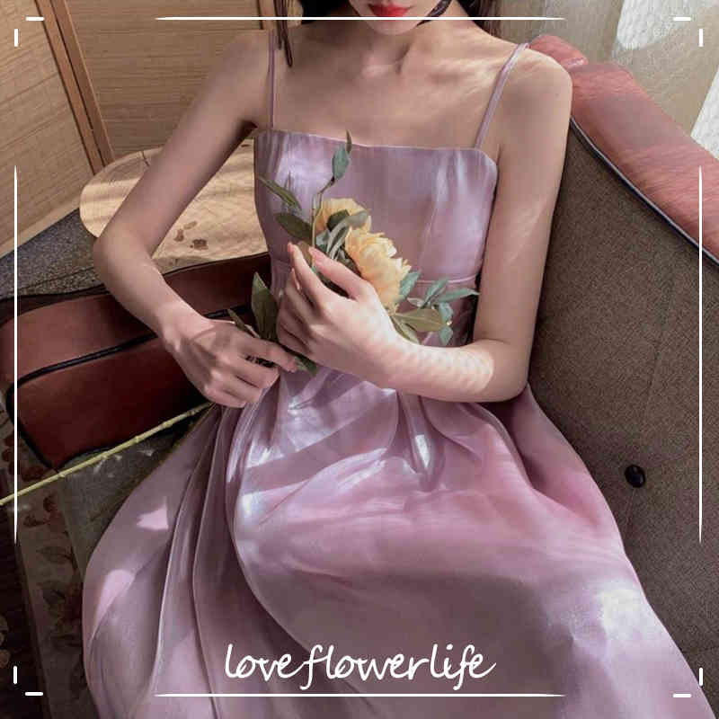 

Summer Thin Camisole Dress women Sleeveless Elegant Fairy Strap Dress Evening Party Dress Females Korean Style Office Lady 210521, Purple