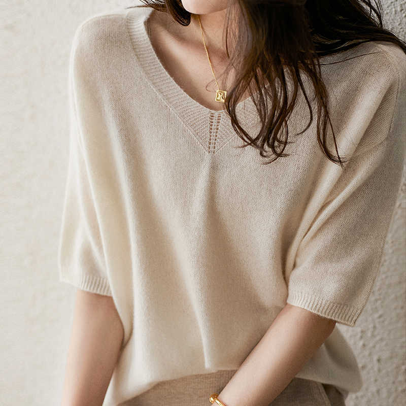 

Blusas Blouses Top Femme Short Sleeve knit Blouse Women Blusas Mujer De Moda Verano V-Neck Knitted Blouse Shirt Tops E810 210602, Oatmeal