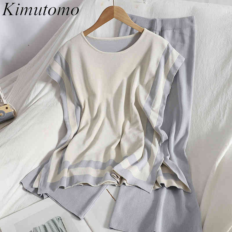

Kimutomo Striped Knitted Two Piece Set Women Korean Summer Fashion Split Sleeveless Top + High Elastic Waist Wide Leg Pants 210521, Blue gray