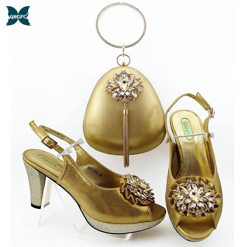 

Selling 2021 Italian Design Lastest Fashion Noble Party Women Shoes And Bag Set Decorated With Rhinestone In Gold Color Dress, Black