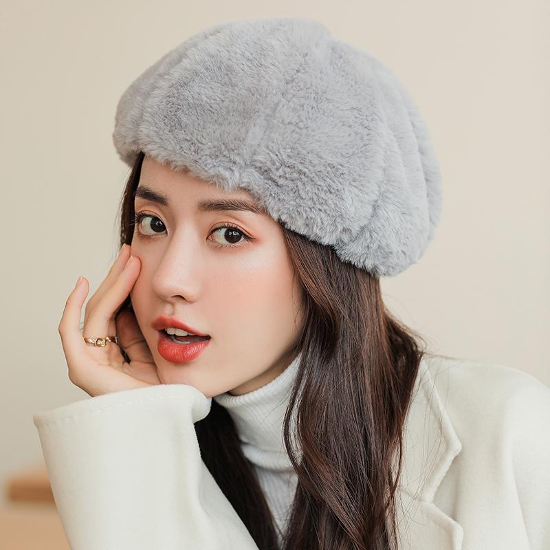 

Berets Winter Fur Beret Hats For Women French Painter Hat Girls Solid Color Lady Fashion Flat Wool Wholesale, Black