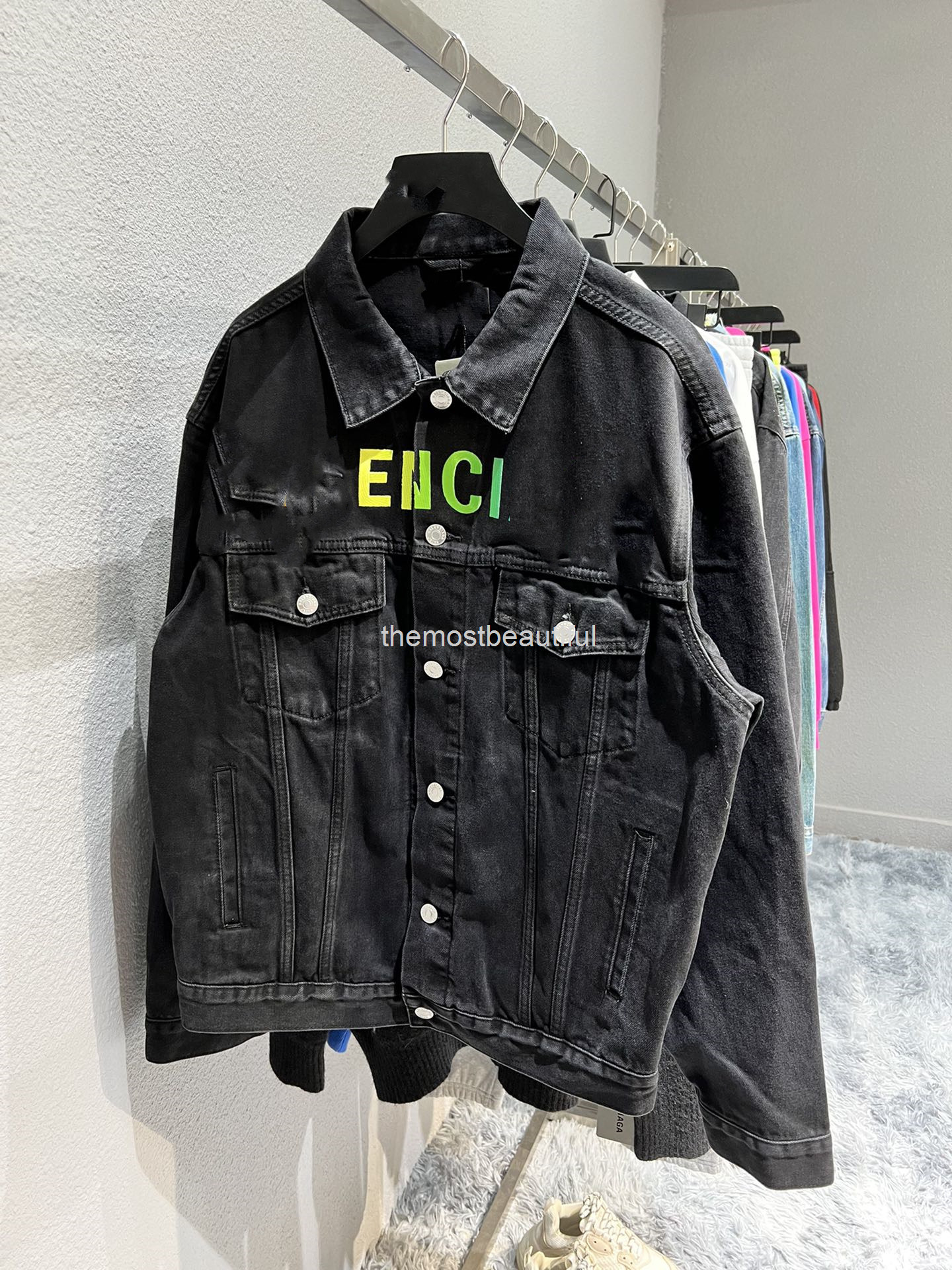 

Women's Jackets Autumn and winter high version b family rainbow gradient letter embroidery heavy industry washing classic men's women's denim jacket, 2# packing bag