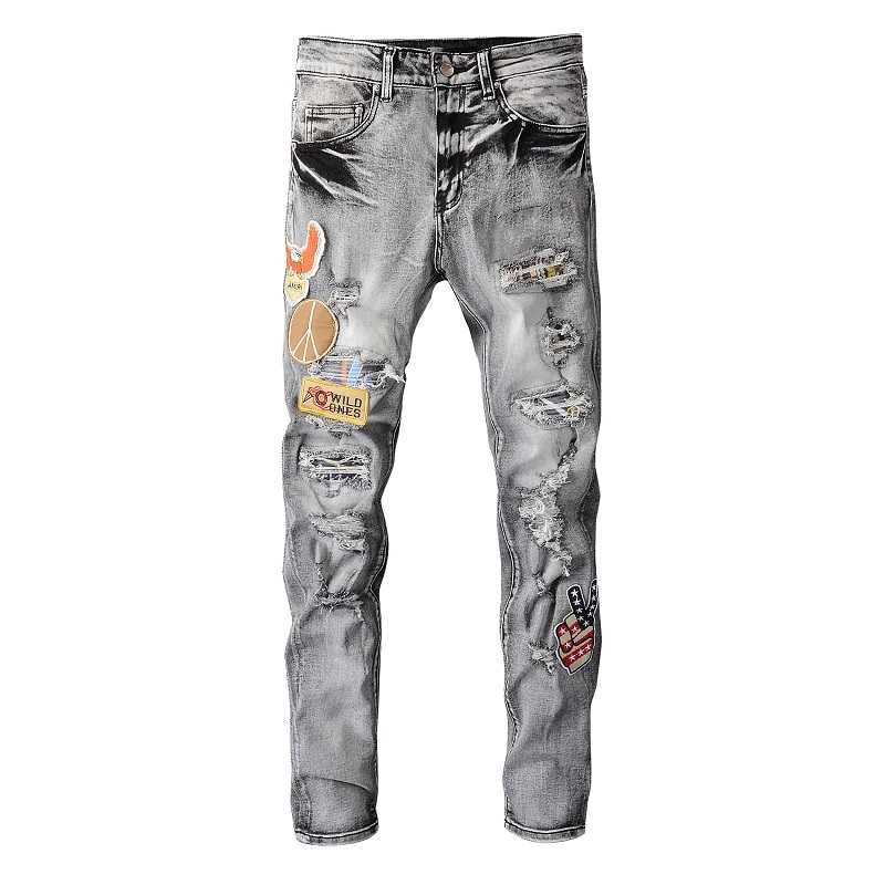 

European Street Wear Biker Mens Jeans Luxurys Brand Pencil Slim Fit Men Pants Washable Retro Torn Fold Stitching Man Designers Motorcycle Skinny Denim Jean, Blue #692