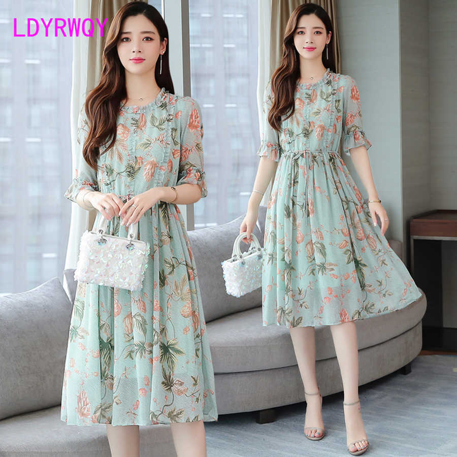 

LDYRWQY style Korean fashion temperament round neck printed chiffon slim dress Polyester Office Lady 210603, Photo color