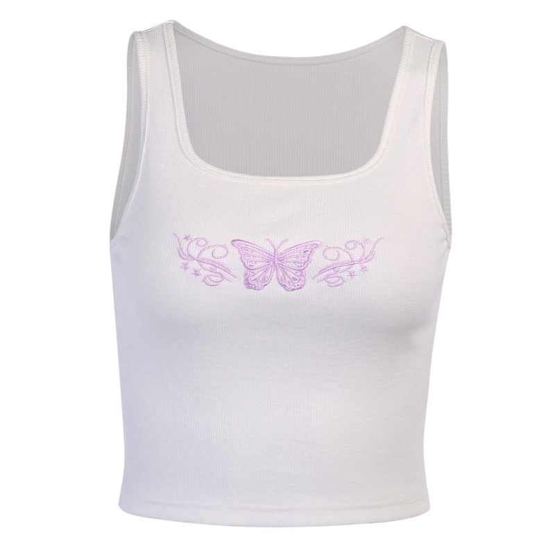 

Paris Girl Summer Embroidered Butterfly Square Collar SexyTank Top Crop Sleeveless White Knitting Vest Female Fashion Tops 210524