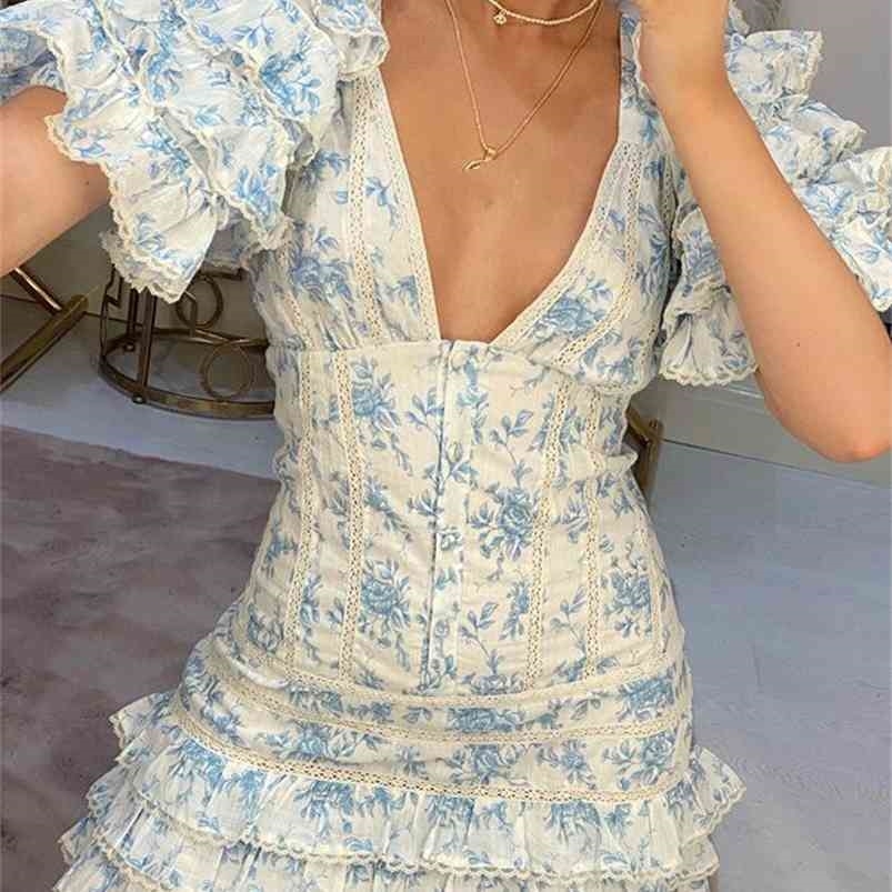 

High Quality Ruffle Light Blue Women Mini Dress 210701