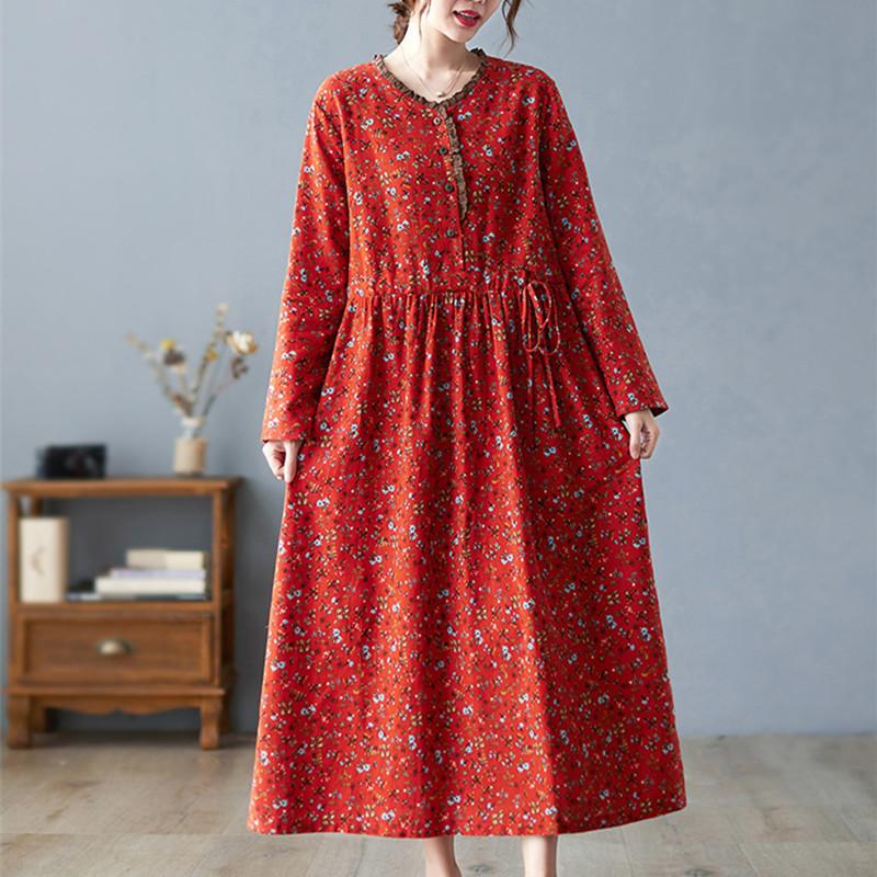 

Casual Dresses 2021 Fashion Edible Tree Print Floral Vintage Women Autumn Midi Dress Cotton Linen Draw String Office Lady Work, Red