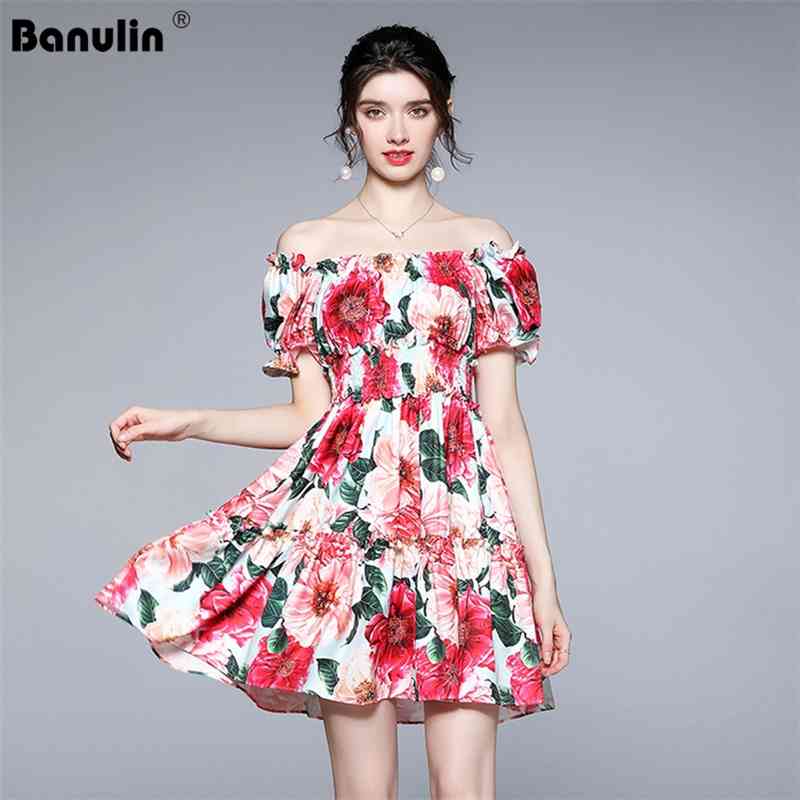 

Banulin Summer Runway Holiday Mini Dress Women Off Shoulder Slash Neck Floral Print Ruffles Elastic Waist Beach Short 210603, Red