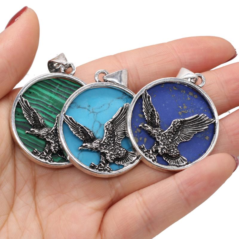 

Charms Natural Stone Pendant Round Shape Eagle Blue Turquoises Lapis Lazuli For Trendy Jewelry Making Women Necklace Earrings, Bronze;silver