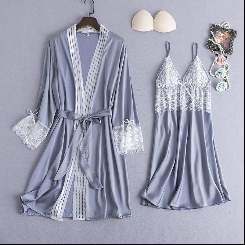 

mechcitiz 2pcs sleep lounge silk women sleepwear robe gown sets femme lingerie nightwear dress lace homewear bathrobe, Black;red
