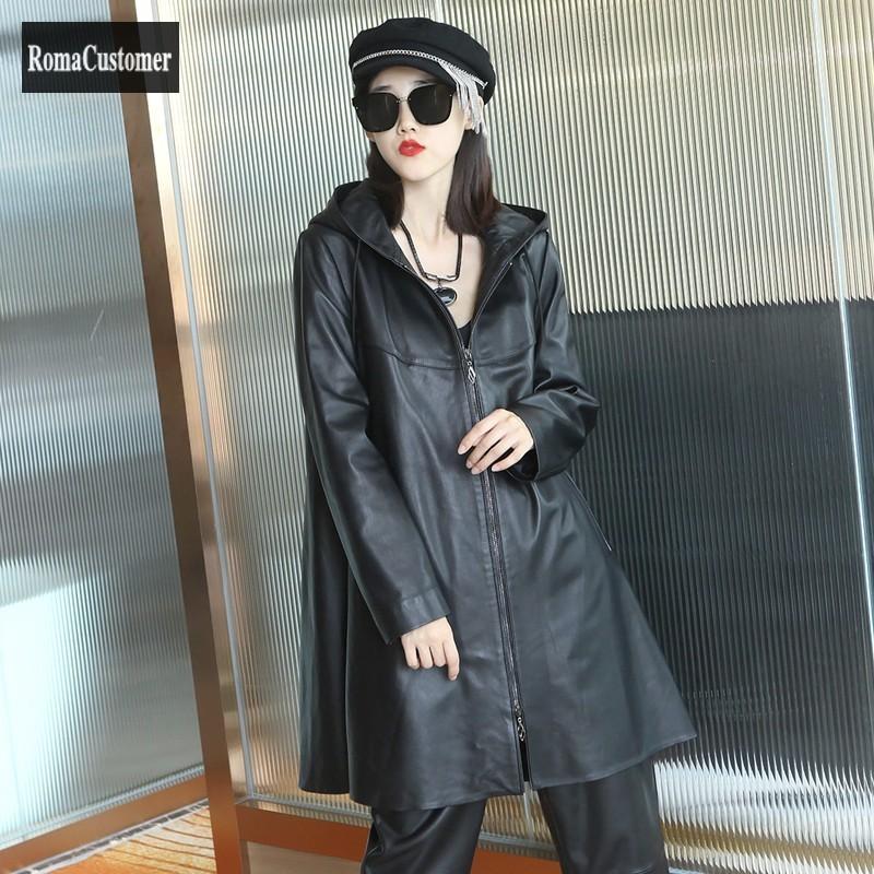 

Women's Leather & Faux Sheepskin Hooded Jackets Womens Spring Autumn Genuine Loose Zippers Trench Long Fashion Solid Korean Casual Coat, Black